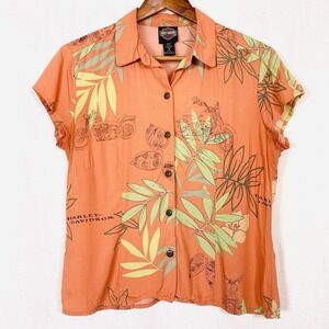 VTG Harley Davidson Womens Small Hawaiian Shirt Tori Richard Tropical Biker USA